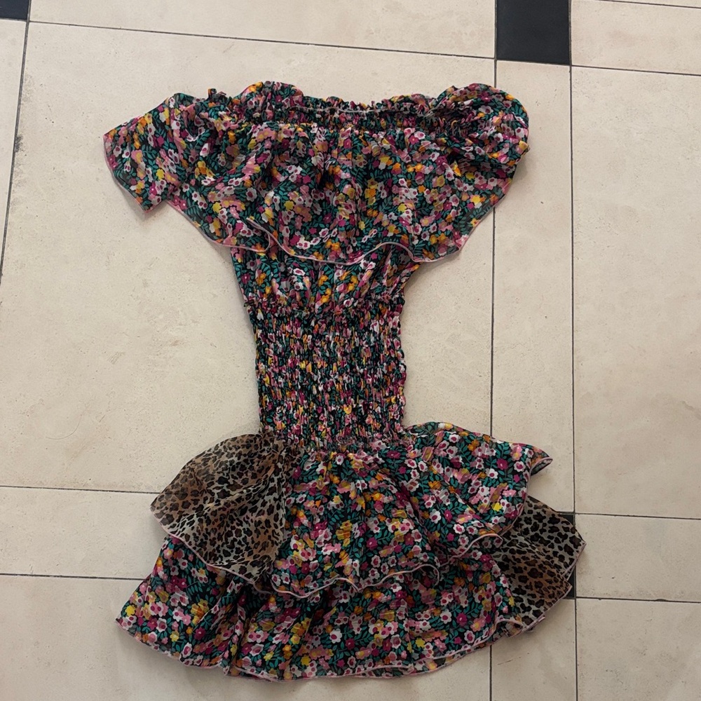 St Barth Boutique Off Shoulder Floral and Leopard Print Mini Dress